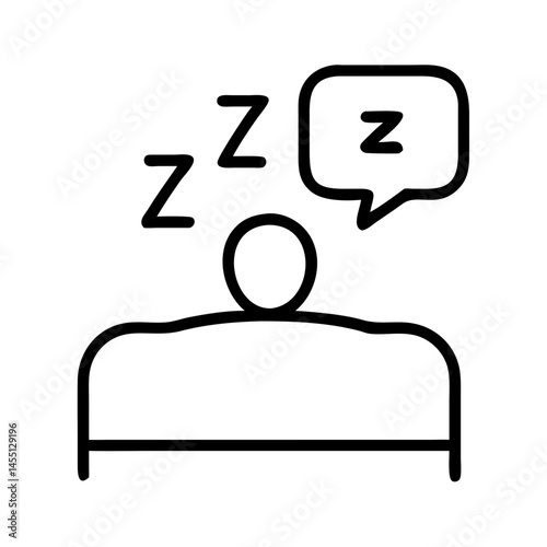 black and white outline icon of person sleeping in bed with z letters and speech bubble, minimal concept of restful healthy sleep
