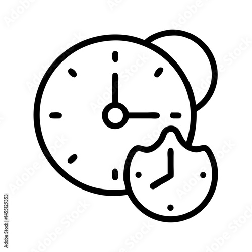 black and white outline icon with multiple clocks and moon, concept of circadian rhythm and sleep timing, minimal sleep health design