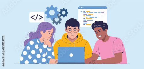 Diverse group of young developers collaborating on coding project with laptop, teamwork and programming concept illustration
