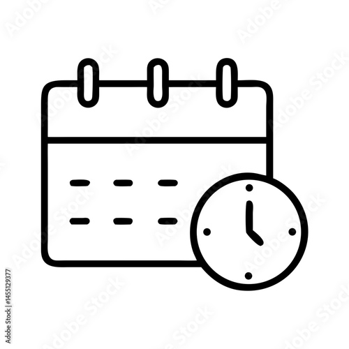 black and white outline icon of calendar with clock, sleep schedule and bedtime planning concept, minimal style for healthy routine