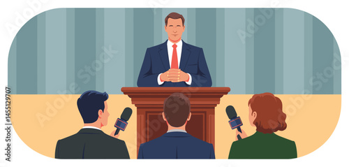 Politician or spokesperson giving a speech at podium in front of journalists with microphones, public speaking and press conference illustration
