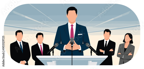 Politician or spokesperson giving a speech at podium in front of journalists with microphones, public speaking and press conference illustration
