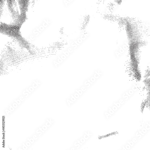 A grayscale portrait features a softly blurred face with an intricate of tiny dots creating texture.