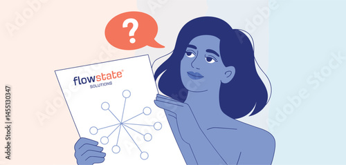 Woman examining abstract neural network diagram with question mark bubble, symbolizing problem solving, data science, and innovative thinking
