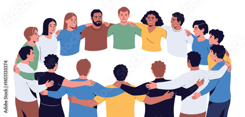 Diverse group of people standing in a circle with arms around each other, symbolizing unity, teamwork, and community support
