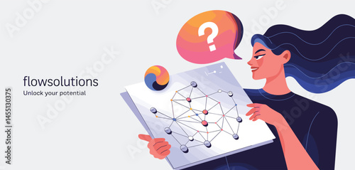Woman examining abstract neural network diagram with question mark bubble, symbolizing problem solving, data science, and innovative thinking
