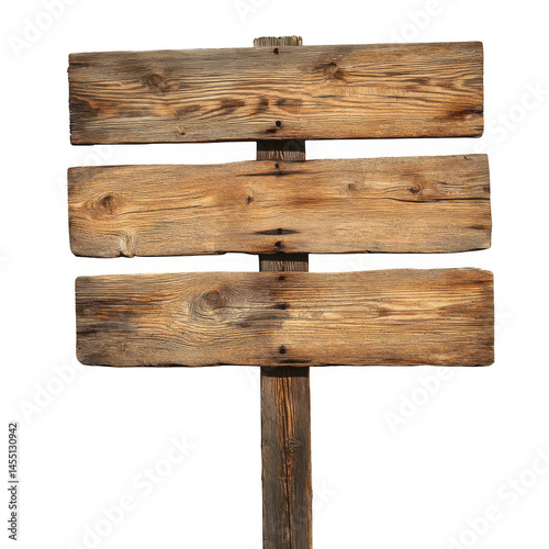 Three wooden planks attached to a pole on transparent background