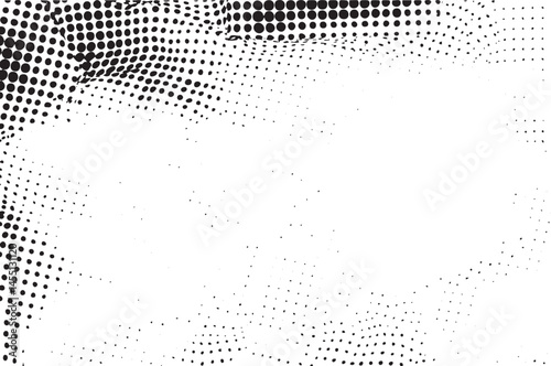 A dynamic abstract wave of black dots cascades across a white background.