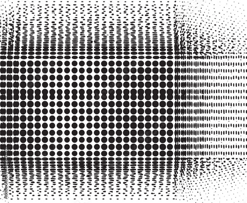 A fragmented black and white geometric of overlapping circles creates a dynamic visual effect.