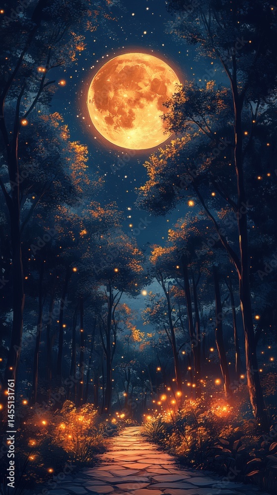 Obraz premium A mystical forest path scene with a glowing full moon illuminating a dark forest and twinkling fireflies or fairy lights. It is made in the stylized technique of pictorial brushstroke