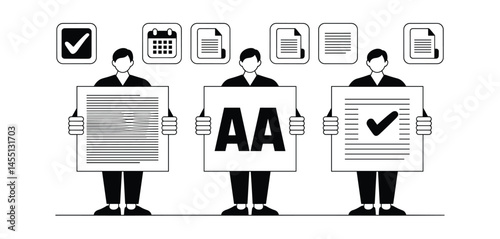 Black and white illustration of three men holding icons representing text formatting, typography, and task completion in digital content creation
