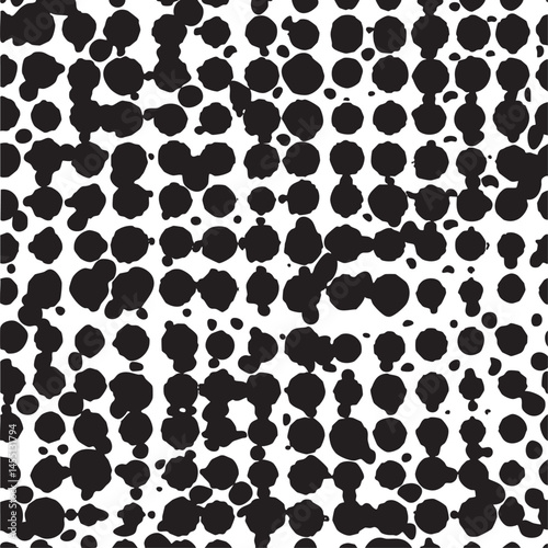 A dynamic abstract of black and white circular dots covers the entire composition.