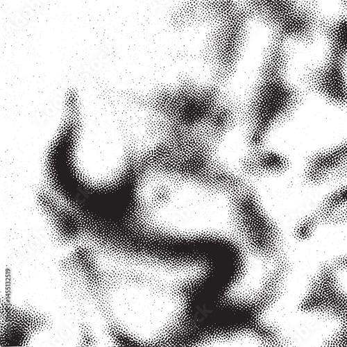 A grayscale portrait features a softly blurred human face with numerous tiny dots creating an abstract texture.