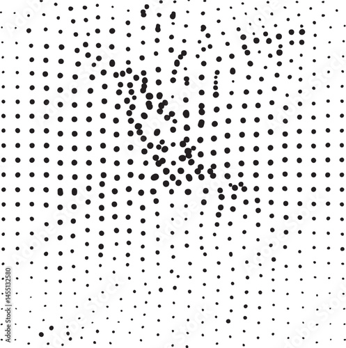 A dense scattering of black circles punctuates a white background creating an abstract .