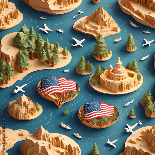 Patriotic Paper Art Map with American Flags and Islands in Ocean