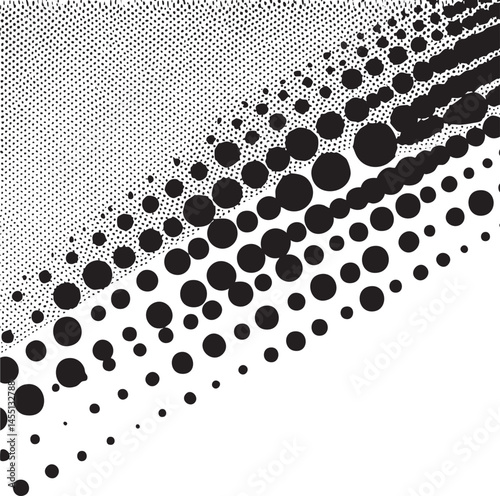 A large collection of varying-sized black circles gradually transitions from white to black creating a dynamic and abstract .