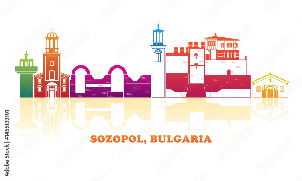 Colourfull Skyline panorama of town of Sozopol, Bulgaria - vector illustration
