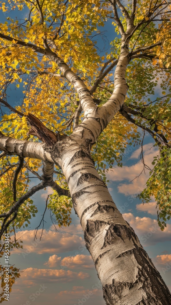 Fototapeta premium Tall birch tree with yellow leaves and two people beneath its trunk