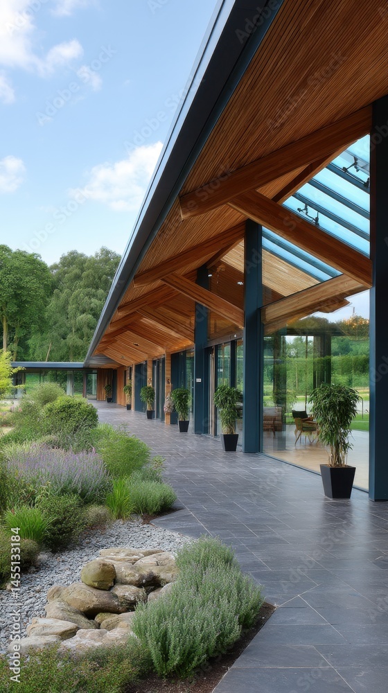 Obraz premium Contemporary architecture featuring glass walls and timber ceiling with manicured landscape creating a serene atmosphere.