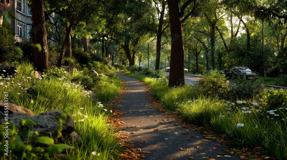 Serene Pathway Through Lush Greenery Natures Tranquil Walkway Sunlit Forest Trail Peaceful Serene Pathway Through Lush Greenery Natures Tranquil Walkway Sunlit Forest Trail Peaceful