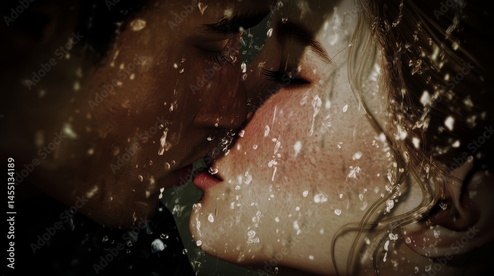 Fototapeta premium Romantic interracial couple kissing underwater with cascading bubbles