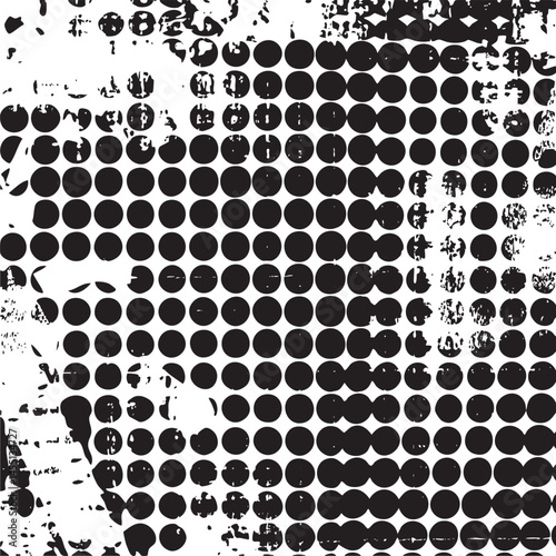 A dense fragmented of overlapping circular dots dominates the stark monochrome scene.