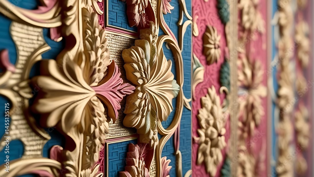 Naklejka premium Ornate floral decoration with complex patterns and textures. Detailed carvings create depth and dimension, enhanced by a blue and pink palette.