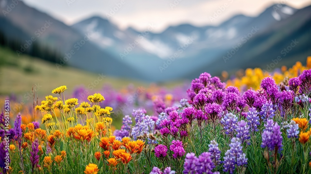 Obraz premium A field of wildflowers in front of a mountain range, snow-capped in the distance