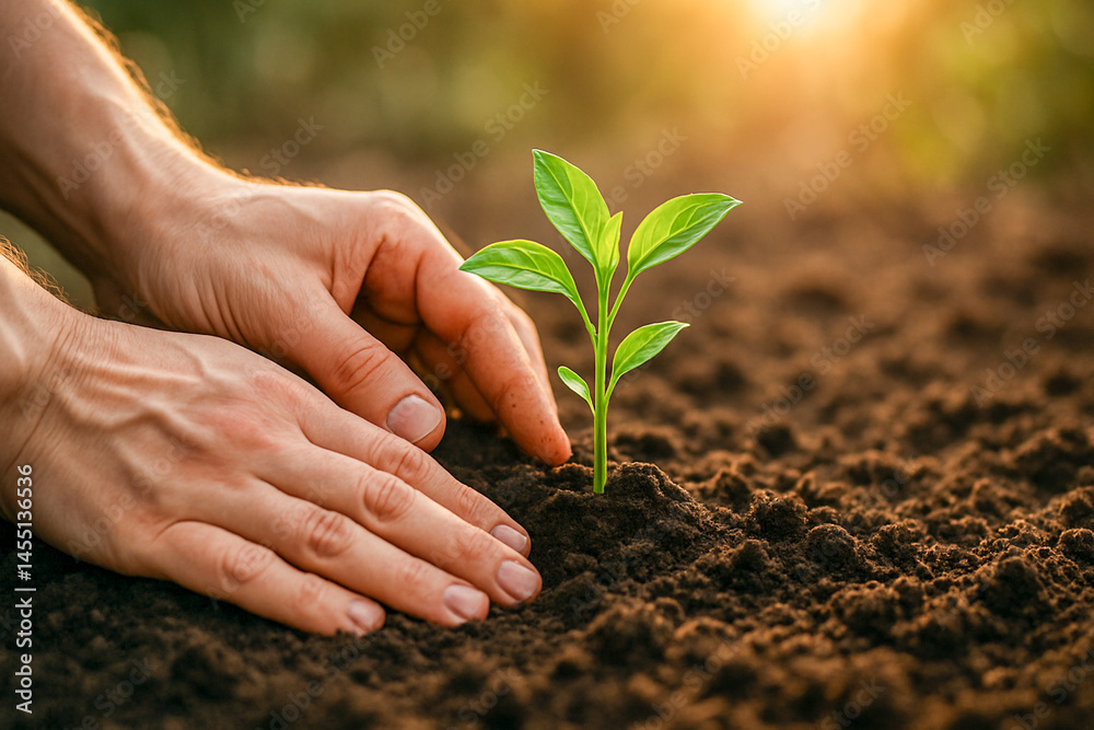Fototapeta premium Caucasian Hands Planting a Green Seedling in Fertile Soil