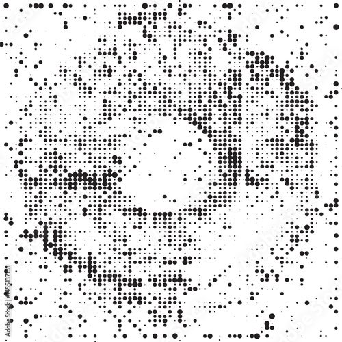 A grayscale portrait is formed by densely packed black dots creating a stylized representation of a face.