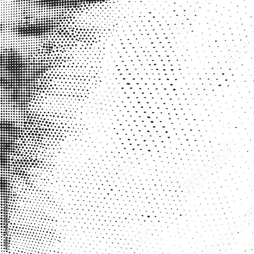 A partial fragmented portrait of a woman is depicted with a dense array of dark dots.