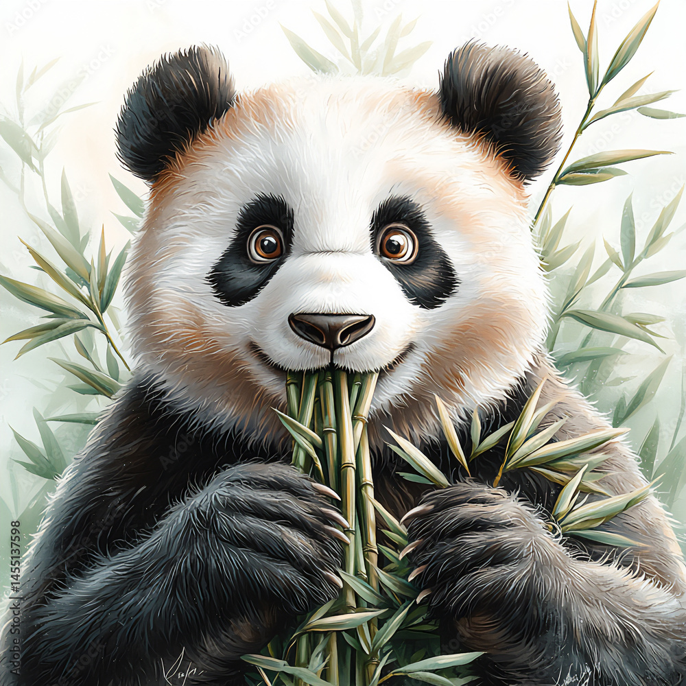 Fototapeta premium lovely cartoon panda munching bamboo