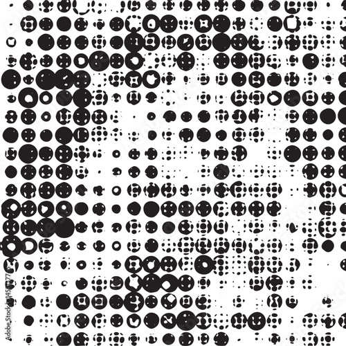 A dense of numerous black and white circles forms a textured visual field.