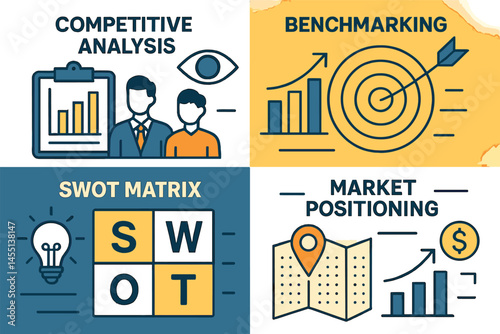 Vector illustration of competitive analysis, benchmarking, SWOT matrix, and market positioning. Designed for strategic planning, management presentations, or consulting visuals