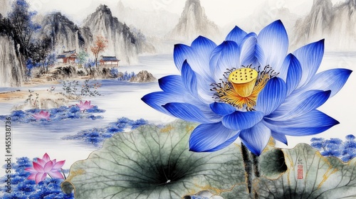Vivid blue lotus flower amidst a serene landscape painting.