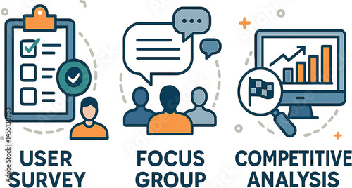 Market research. Vector illustration of user survey, focus group, and competitive analysis, for digital reports, pitch decks, and product launch content
