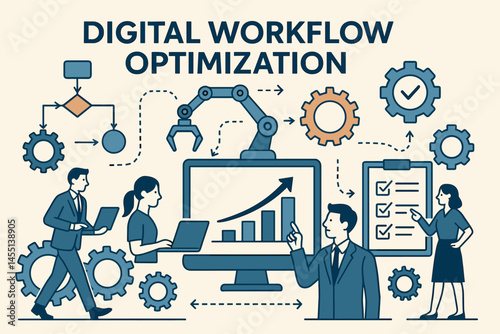 Digital workflow optimization. Vector illustration of streamlined processes, team efficiency, and automation. Suitable for corporate productivity and consulting visuals.