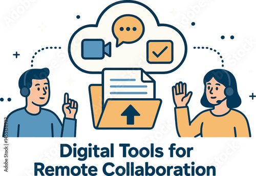 Digital tools for remote collaboration. Vector illustration of cloud apps, shared files, and virtual teams. Ideal for hybrid workplaces and startups.
