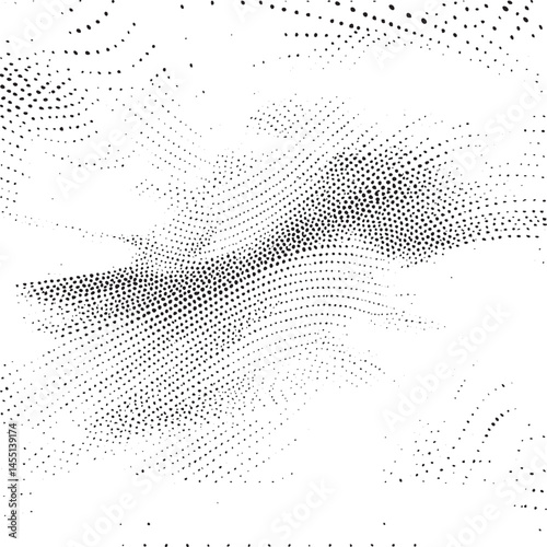 Abstract white dots create a flowing wave against a neutral background.