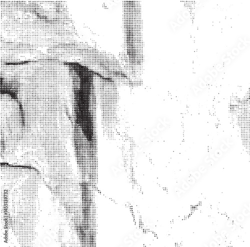 A grayscale portrait of a woman’s face appears within a textured dotted background.