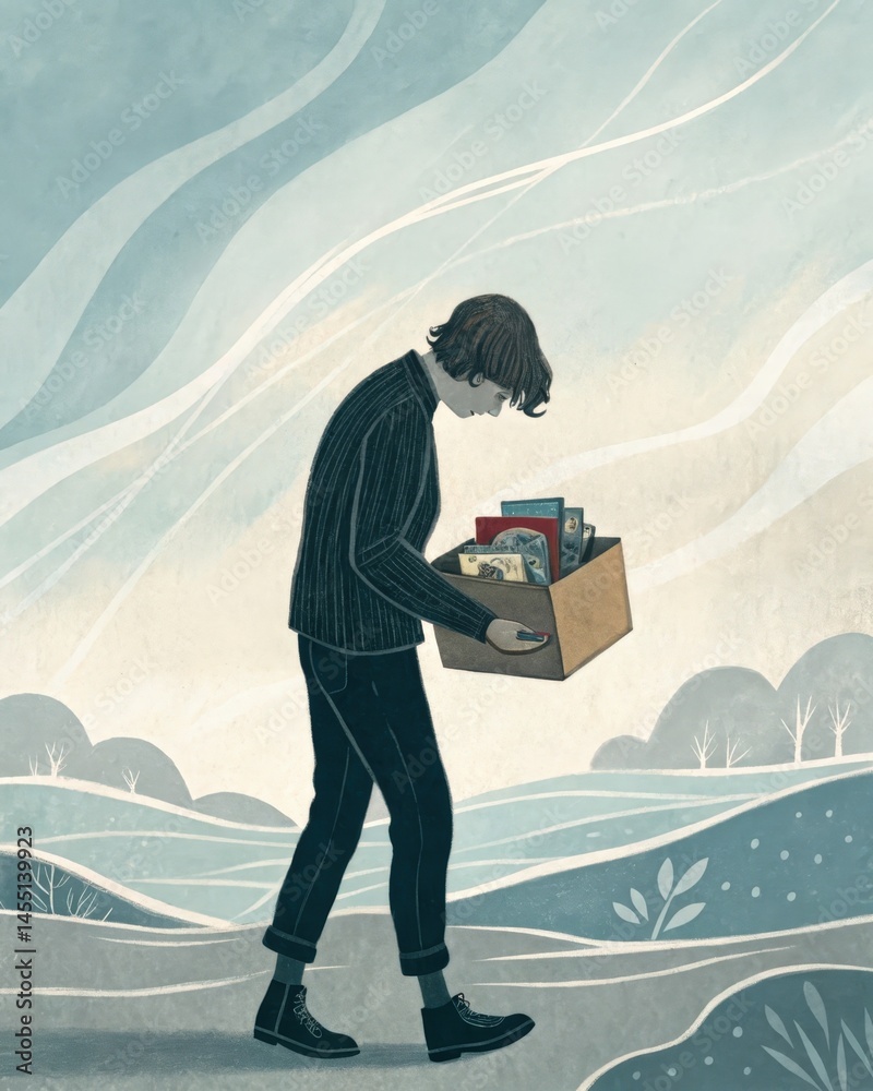 A person holding a small box filled with mementos that symbolize past regrets contemplating whether to keep it or toss it away representing the conscious choice to let go.