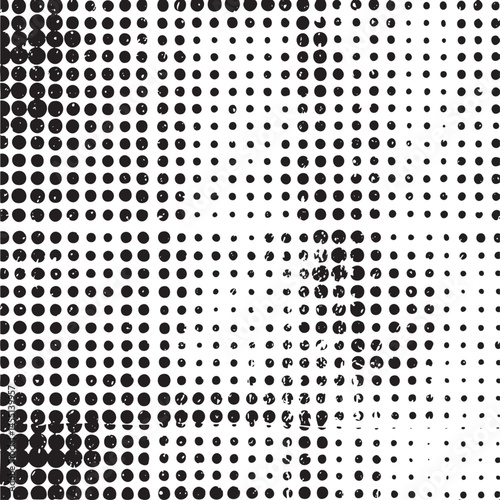 A dynamic black and white of densely packed circular dots forms a gradual transition from dark to light.