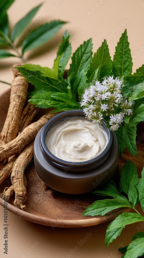Cosmetic cream jar with ginseng root, green leaves and flowers on a wooden plate, showcasing beauty and natural wellness products. Cosmetic cream jar with ginseng root, green leaves and flowers on a wooden plate, showcasing beauty and natural wellness products.