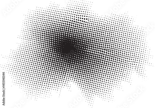 A stark dynamic burst of black dots against a bright white background creates an abstract visual effect.