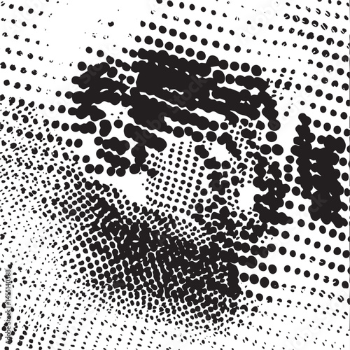 A grayscale portrait emerges from a dense field of overlapping black dots.