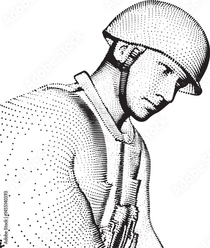 A solitary man wears a military-style helmet and jacket gazing intently forward.