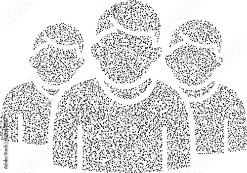 Three figures are densely packed together in a black and white .