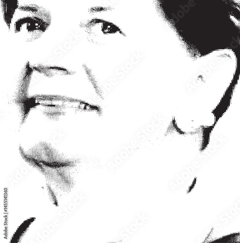 A close-up portrait showcases a woman’s intense gaze with delicate features.