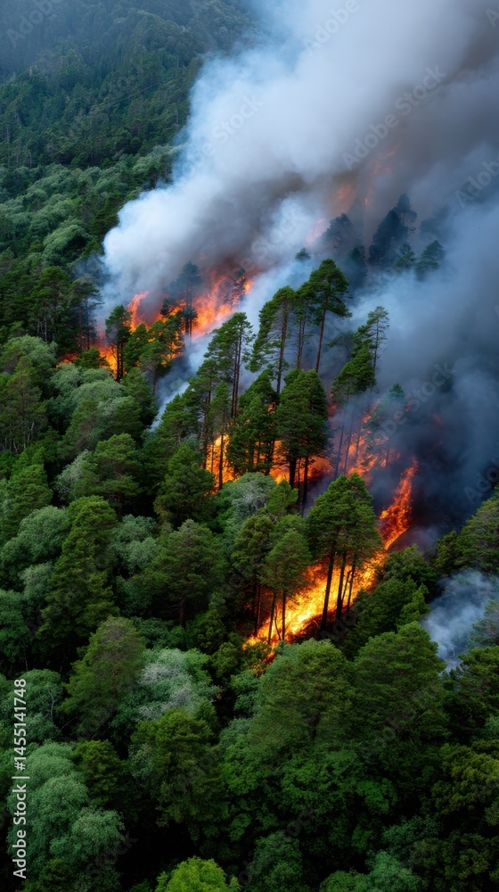 Fototapeta premium Aerial view of a raging wildfire burning through green forest, with intense flames and thick smoke filling the air, destroying trees and habitat.