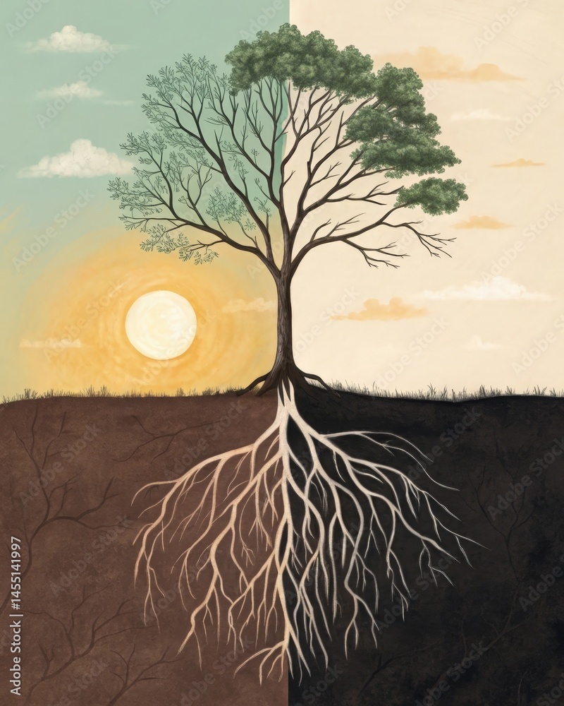 A tree roots split into two different directions one toward sunlight and the other into dark earth symbolizing the choice between growth and stagnation.